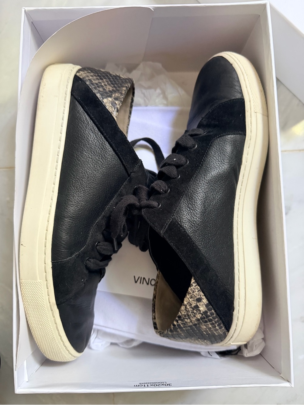 Vince Black Leather Sneakers with Snake-Print Heel Sz 7 women’s